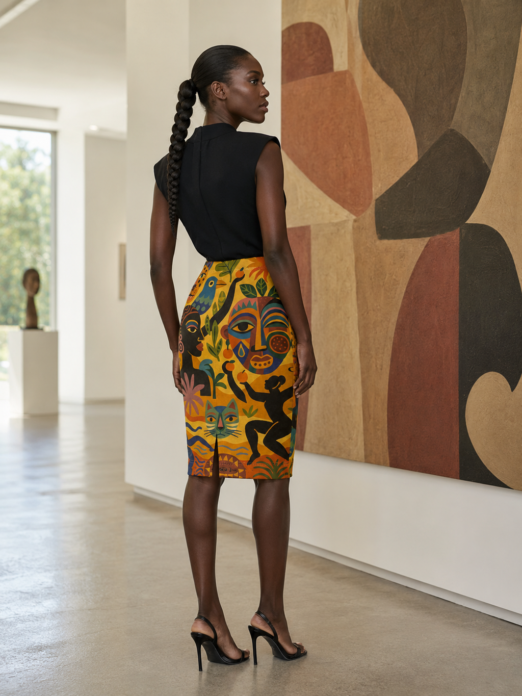 Mannequin portant la Jupe Crayon Tanéa avec un haut noir devant une œuvre abstraite, dans une galerie contemporaine aux murs ivoire épurés.