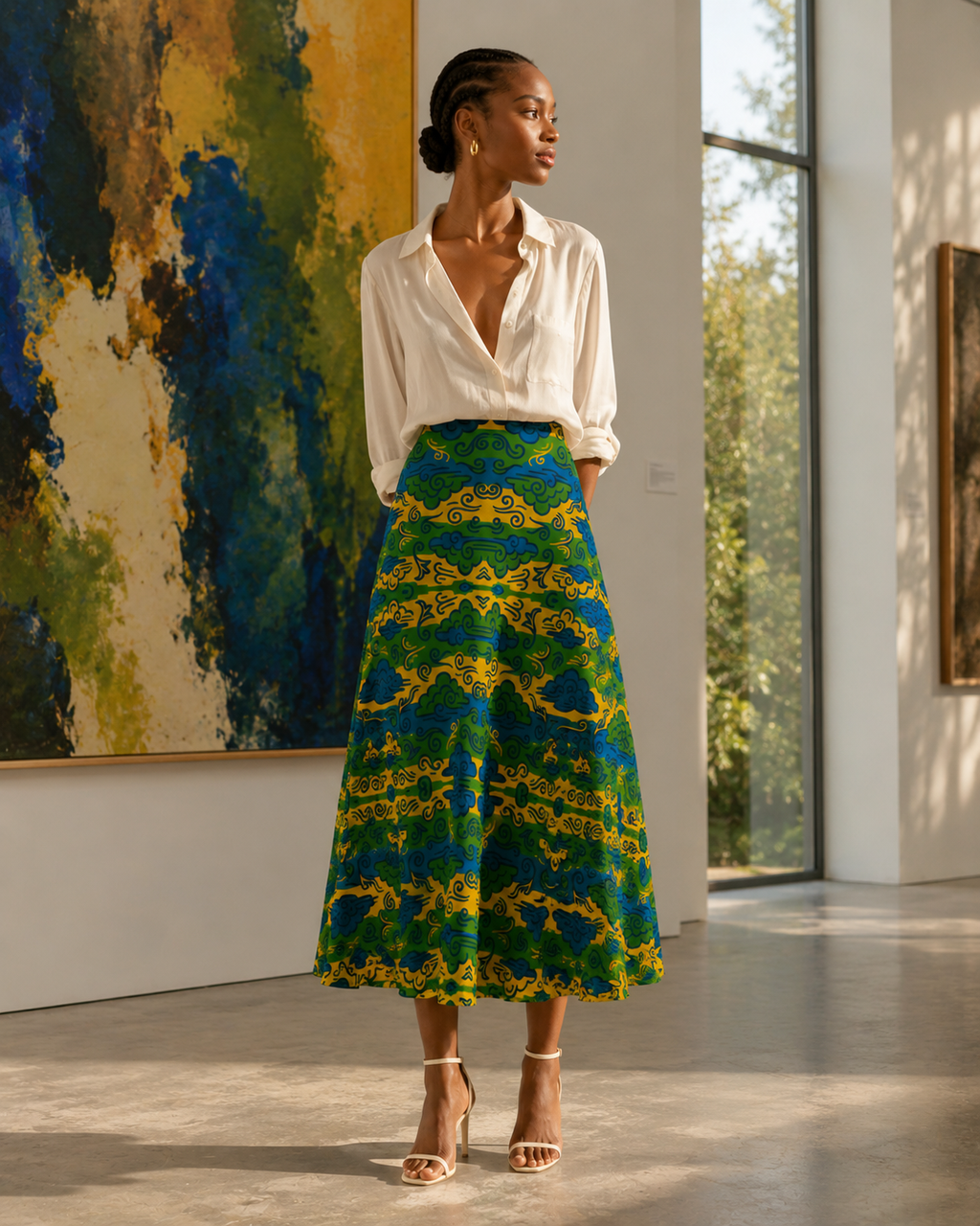 Inspirée du dialogue entre mode et création artistique, la jupe Essondo s’intègre naturellement dans l’univers des galeries contemporaines. Son imprimé exclusif et sa coupe fluide incarnent l’élégance créative signée Élisabeth Akaïa Kaï.