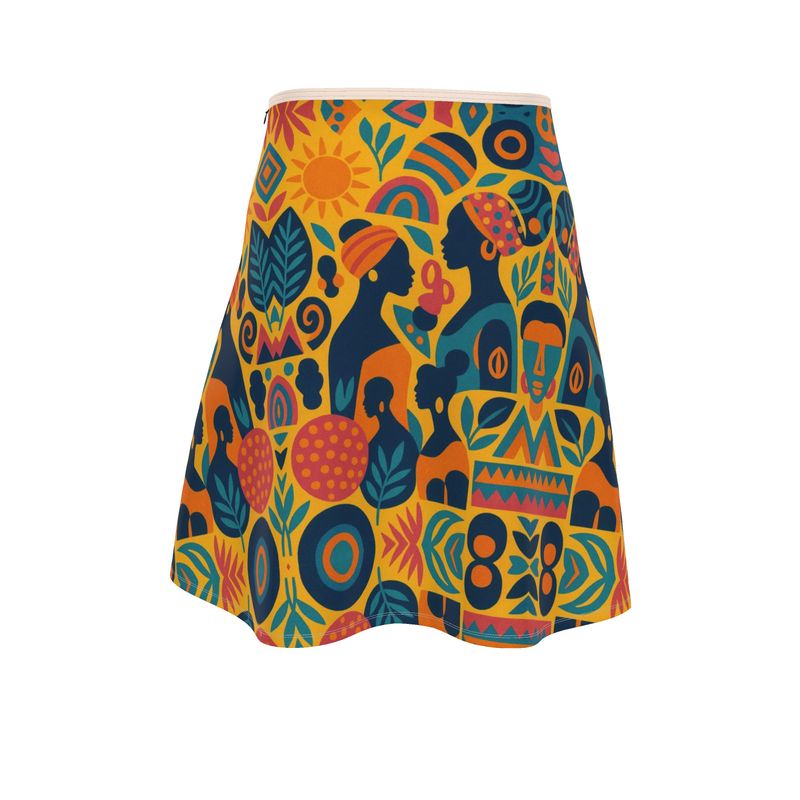 Vue de face de la jupe patineuse Zamaïa, pièce colorée aux motifs solaires et multiculturels, portée par un mannequin. Coupe trapèze flatteuse, design exclusif signé Élisabeth Akaïa Kaï.