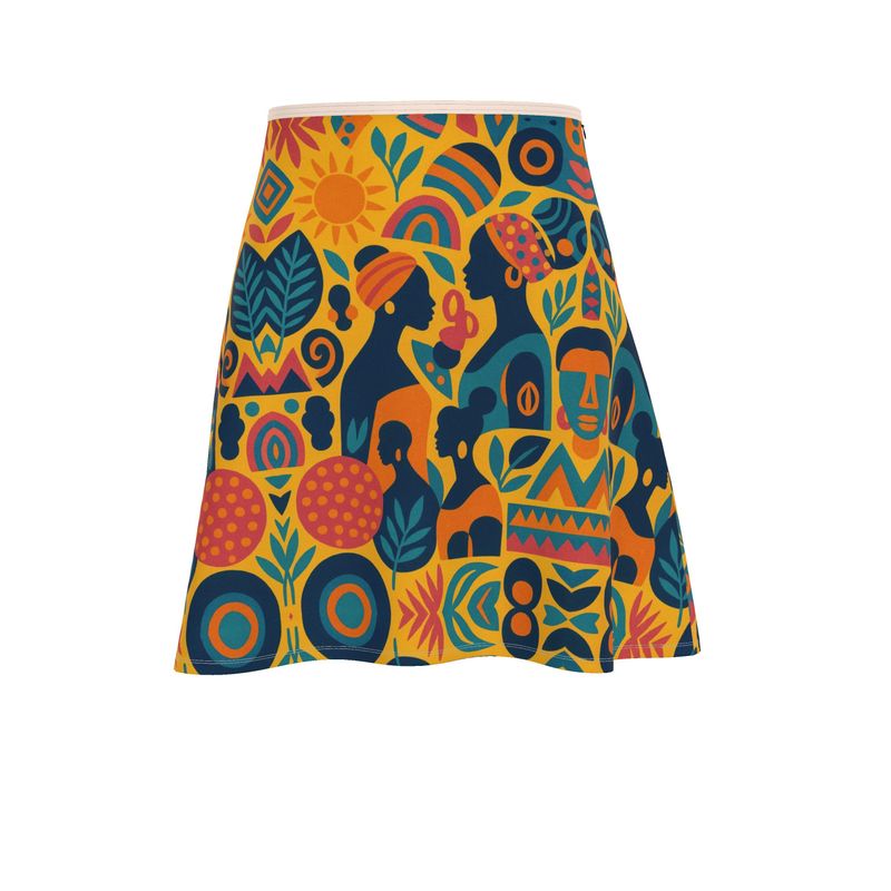 Vue de face de la jupe patineuse Zamaïa, pièce colorée aux motifs solaires et multiculturels, portée par un mannequin. Coupe trapèze flatteuse, design exclusif signé Élisabeth Akaïa Kaï.