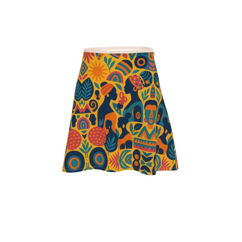 Vue de face de la jupe patineuse Zamaïa, pièce colorée aux motifs solaires et multiculturels, portée par un mannequin. Coupe trapèze flatteuse, design exclusif signé Élisabeth Akaïa Kaï.
