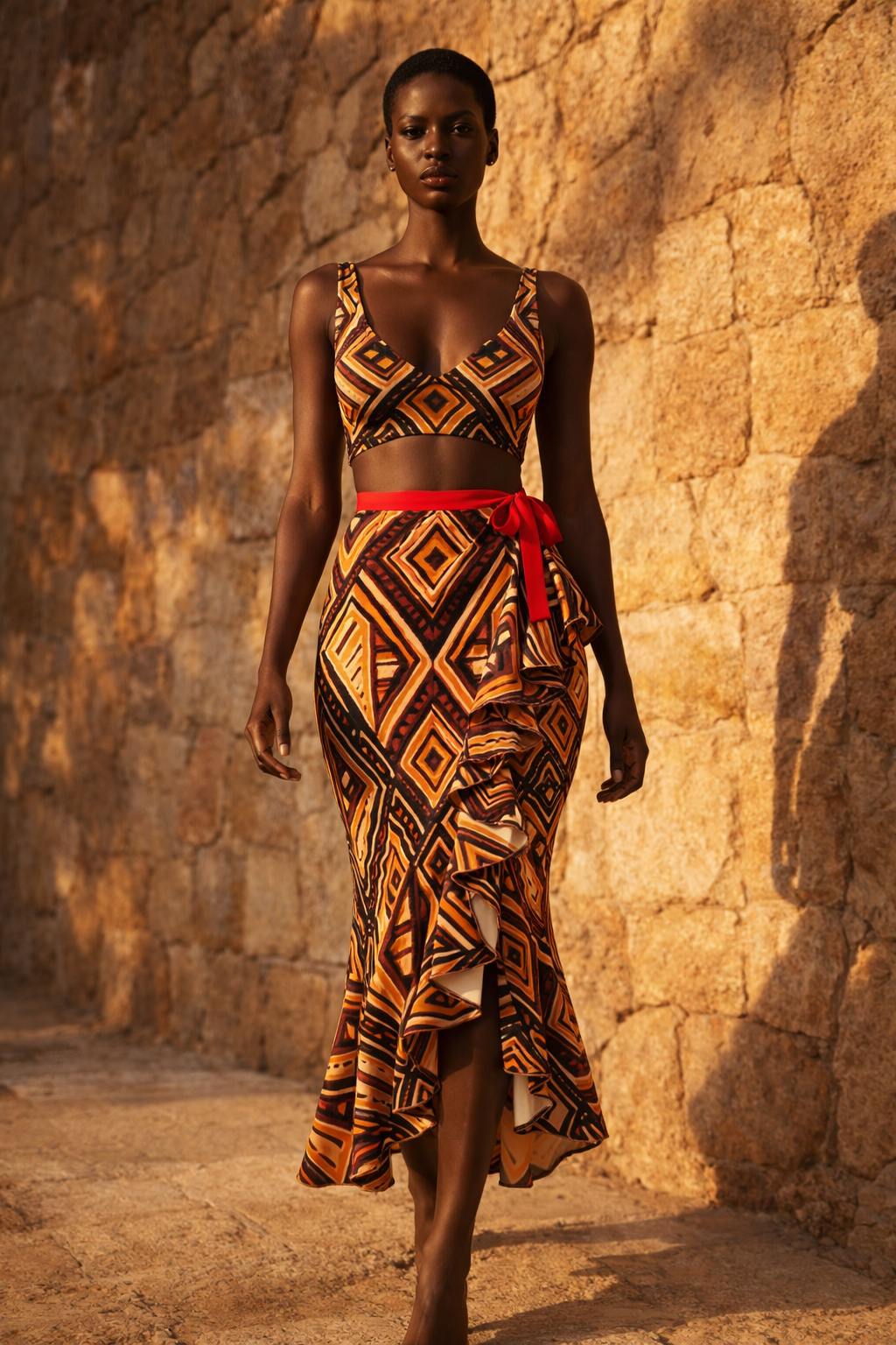 La jupe portefeuille NYARA dévoile une silhouette fluide et solaire. Son imprimé inspiré des esthétiques africaines et sa coupe longue structurent le corps avec naturel, entre puissance et légèreté.