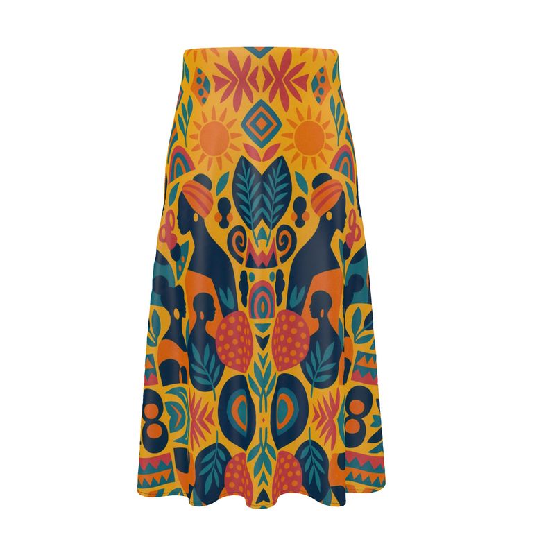 Femme portant la jupe midi Zamaïa en soie fluide, imprimé artistique inspiré des cultures africaines et méditerranéennes – mode éthique et haut de gamme