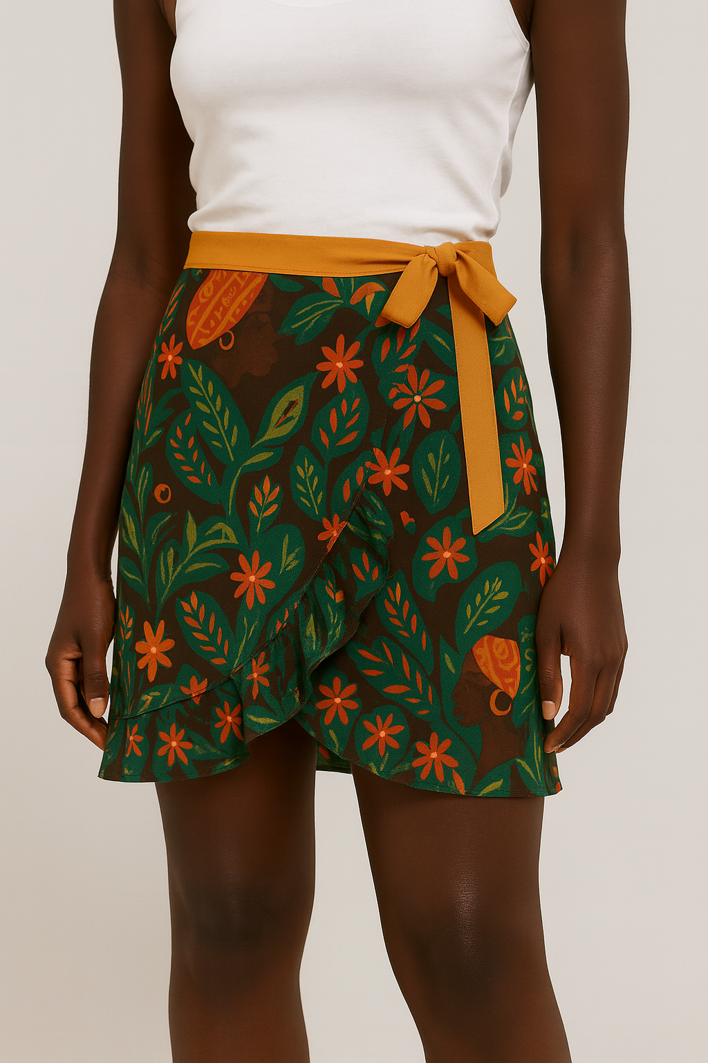 Une femme afro descendante porte la jupe portefeuille Dzanaï aux motifs afro-botaniques sur fond studio neutre. Le tissu est fluide, avec une ceinture safran et un imprimé vert, orange et chocolat.