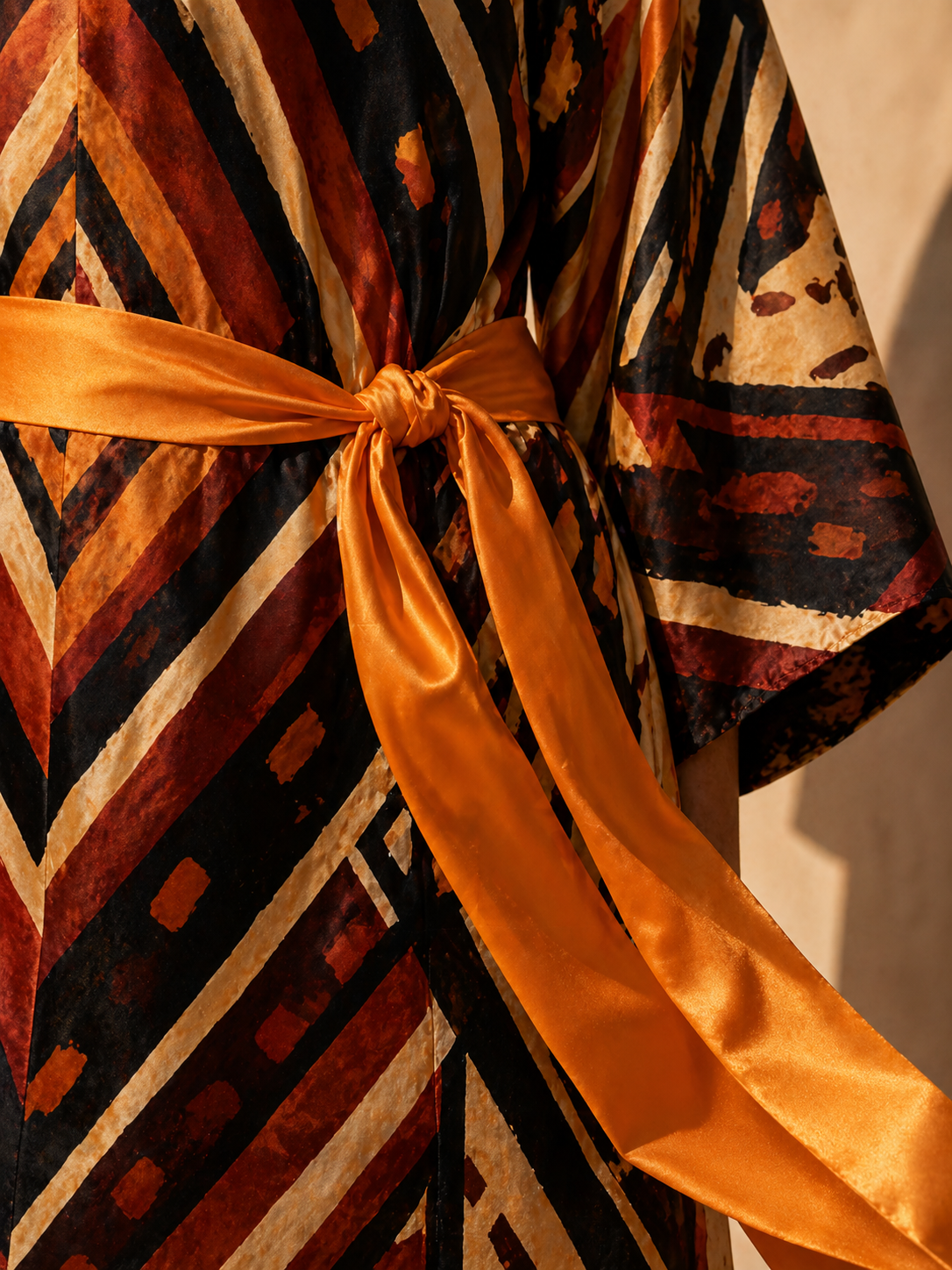 Campagne mode mettant en scène le kimono Nyara dans une architecture solaire inspirée du luxe et du resortwear.
