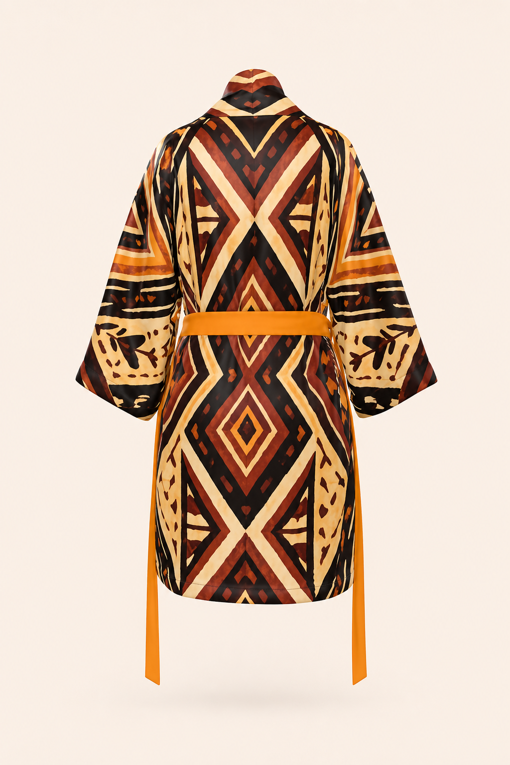 Vue dos du kimono imprimé Nyara montrant sa coupe longueur genou et son motif artistique signature.