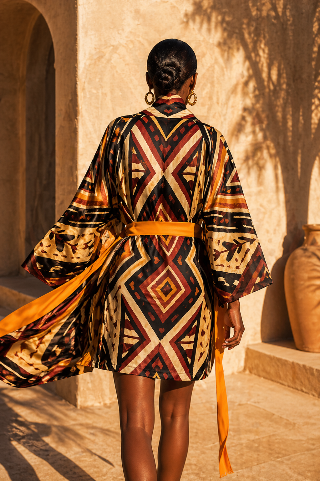 Vue dos du kimono Nyara longueur genou en mouvement révélant le motif graphique intégral et le tombé du tissu.
