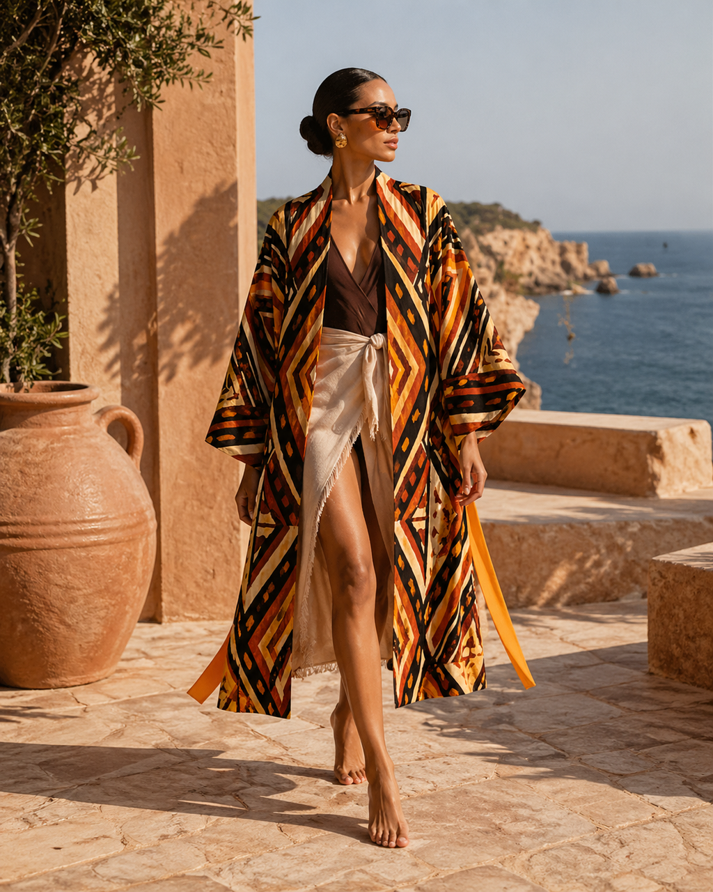 Femme assise portant le kimono Nyara imprimé dans une campagne éditoriale inspirée de l’art, de l’artisanat et du luxe solaire.