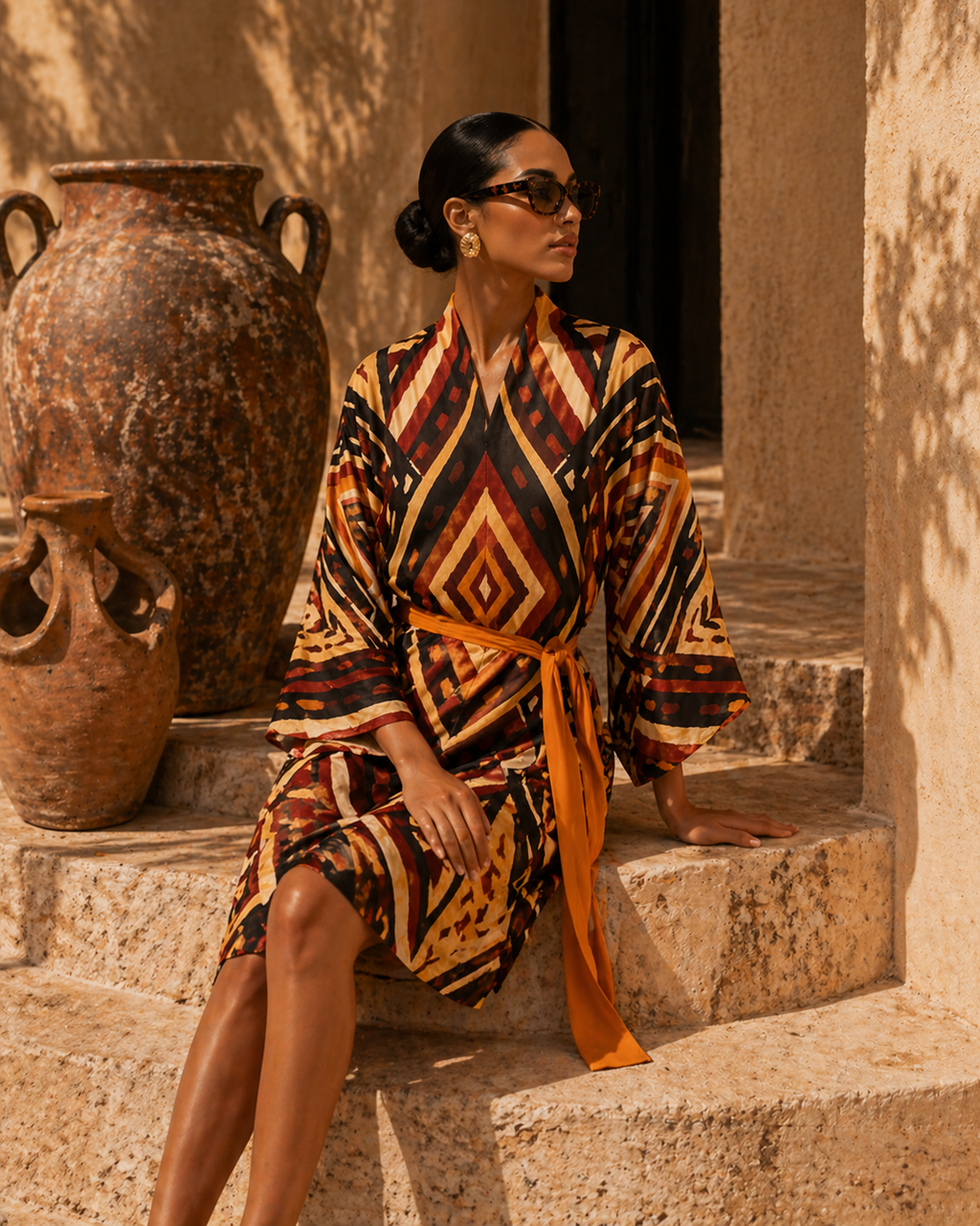 Silhouette mode portant le kimono Nyara longueur genou dans un décor côtier méditerranéen, imprimé artistique exclusif et allure luxe.