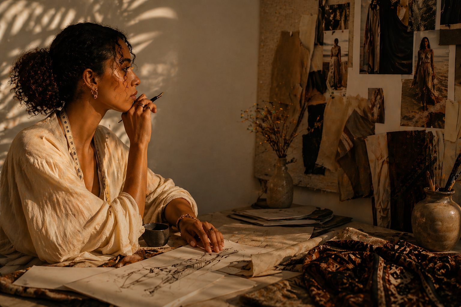 Dans le silence de l’atelier, l’idée prend forme.
Avant la matière, il y a le regard. Avant le geste, l’intention.

Chaque trait esquissé est une promesse,
chaque tissu effleuré, une direction.

Ici, la création commence là où rien n’est encore visible…
mais où tout est déjà présent.