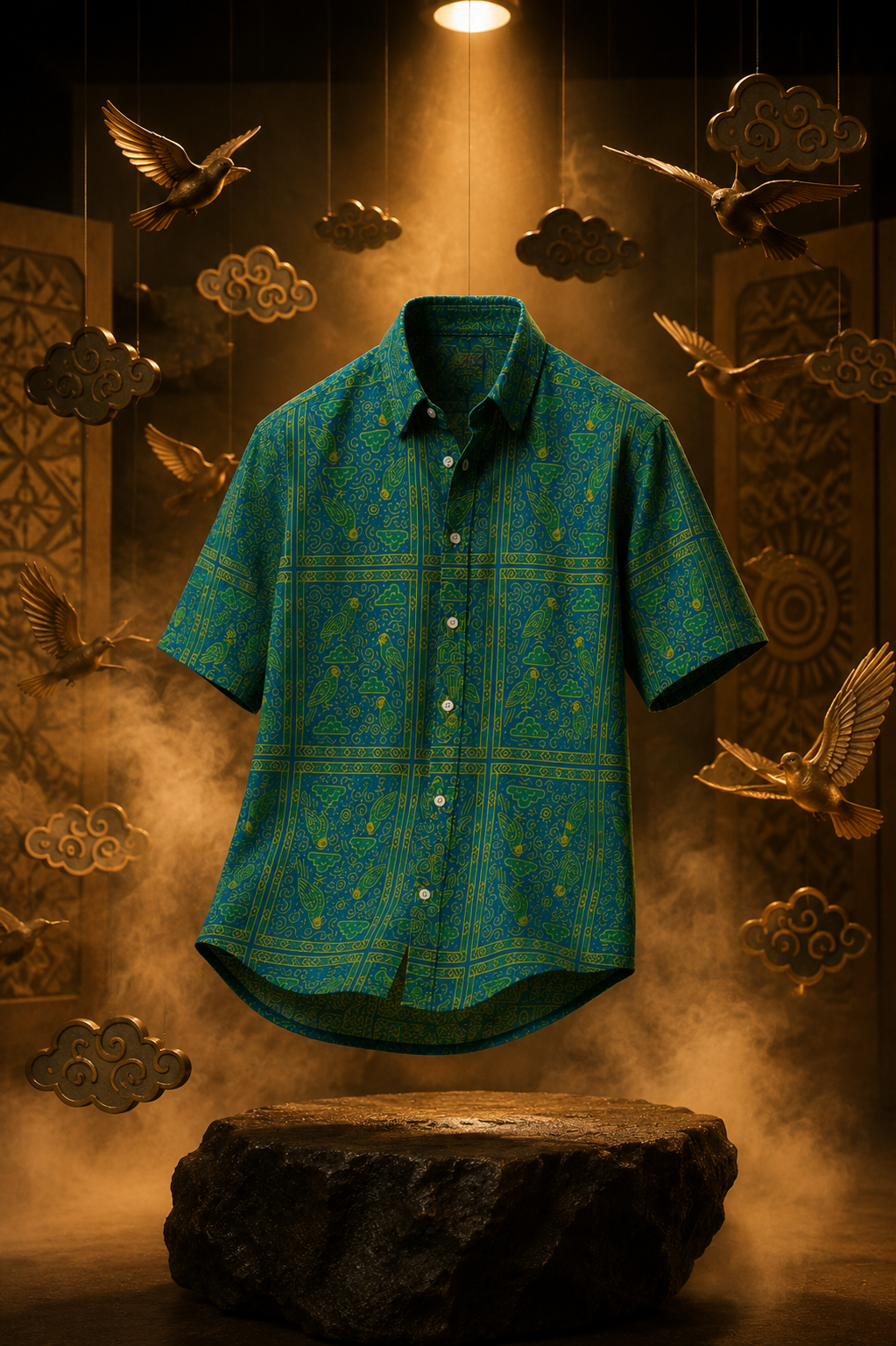 Les oiseaux et motifs inspirés des récits visuels africains accompagnent Okani dans une mise en scène immersive où la mode devient narration.