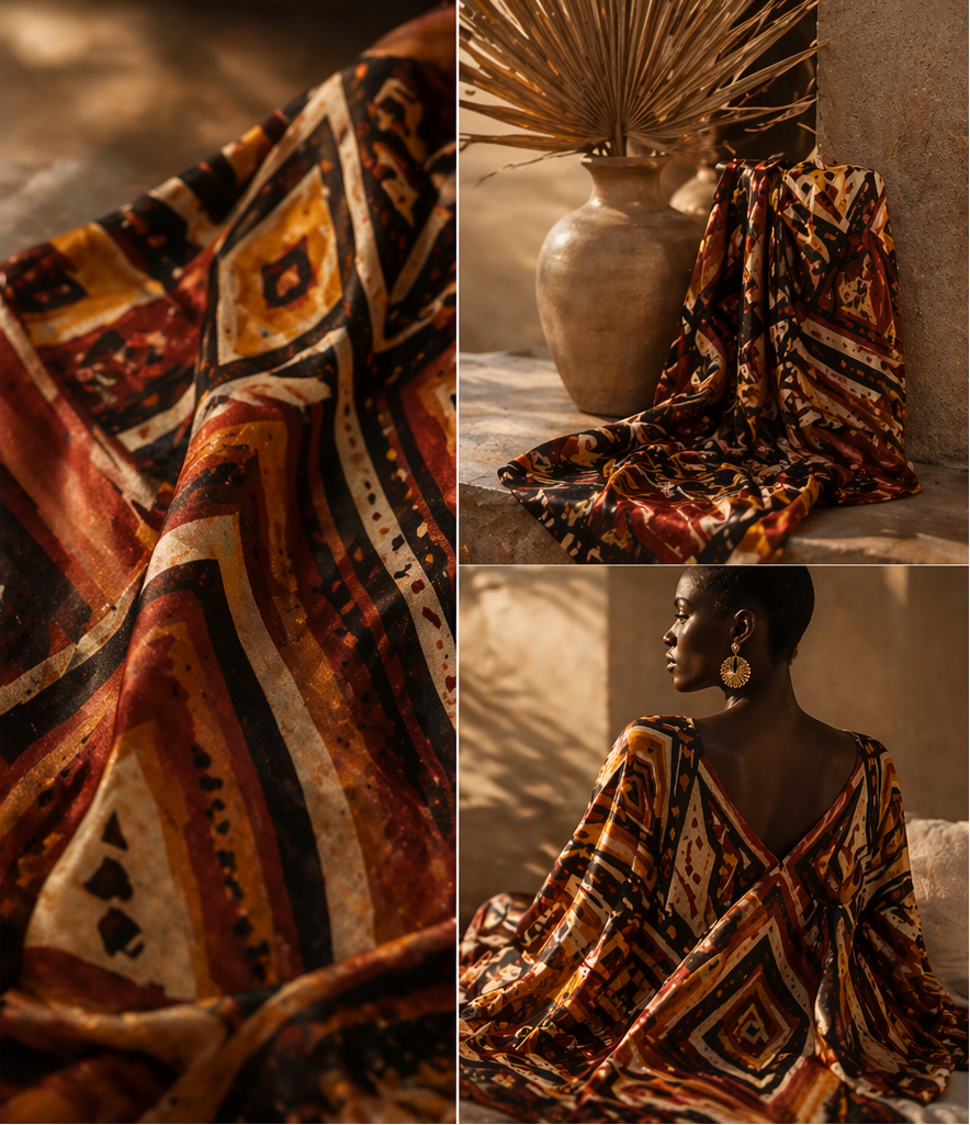 Dans le silence de la lumière, le vêtement prend vie.
Il ne se contente plus d’habiller — il révèle.

Chaque motif porte une empreinte.
Chaque texture murmure une histoire ancienne, réinterprétée dans le présent.

Entre peau et textile, un dialogue s’installe.
Un langage subtil, fait de lignes, de rythmes et de sensations.

Ici, la création ne cherche pas à séduire.
Elle cherche à faire ressentir.