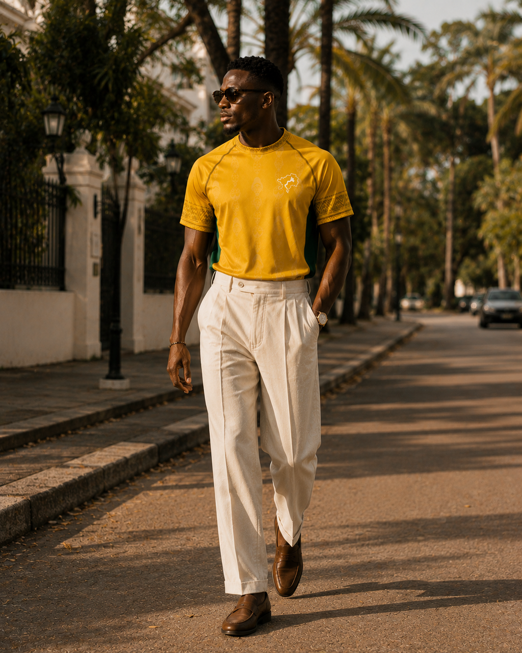 Porté avec un pantalon taille haute et des mocassins en cuir, le maillot Gabon révèle une esthétique old money contemporaine inspirée des grandes avenues tropicales et de l'élégance intemporelle.