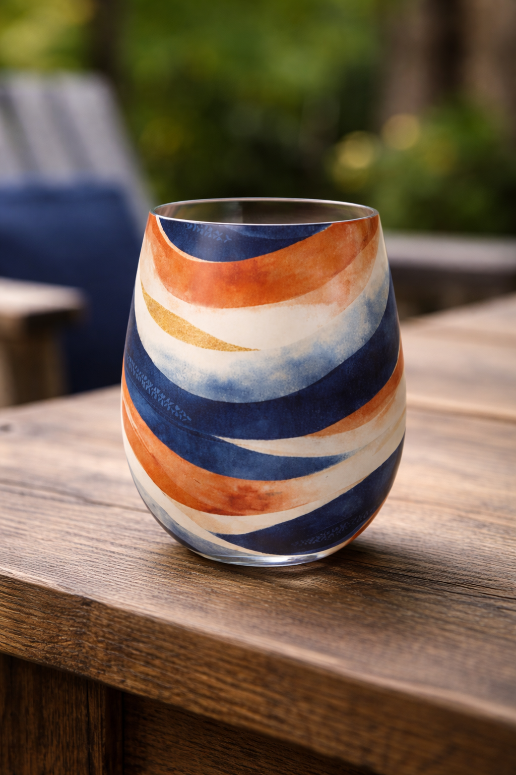 Verre décoratif de luxe MBEYA, inspiré de la culture gabonaise, aux motifs artistiques peints à la main évoquant le souffle et le mouvement, pièce de décoration afro-luxe pour art de la table et intérieur haut de gamme.