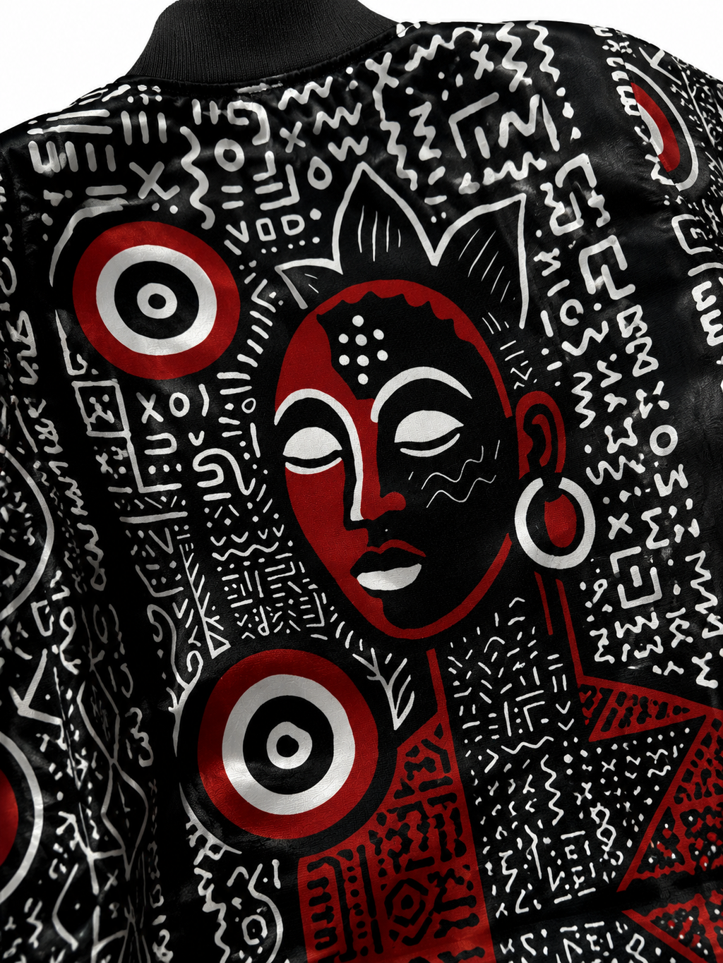 Gros plan sur le portrait féminin stylisé et les motifs graphiques noirs, rouges et blancs au dos de la veste MUBÈNI, création artistique de la Maison Élisabeth Akaïa Kaï.