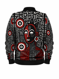 Vue arrière de la veste bomber MUBÈNI, ornée d'une illustration féminine stylisée rouge et noire, de cercles concentriques et de symboles graphiques blancs, par Élisabeth Akaïa Kaï.
