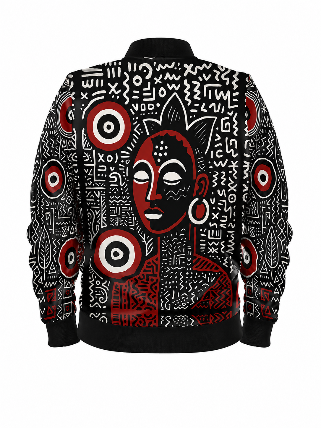 Vue arrière de la veste bomber MUBÈNI, ornée d'une illustration féminine stylisée rouge et noire, de cercles concentriques et de symboles graphiques blancs, par Élisabeth Akaïa Kaï.