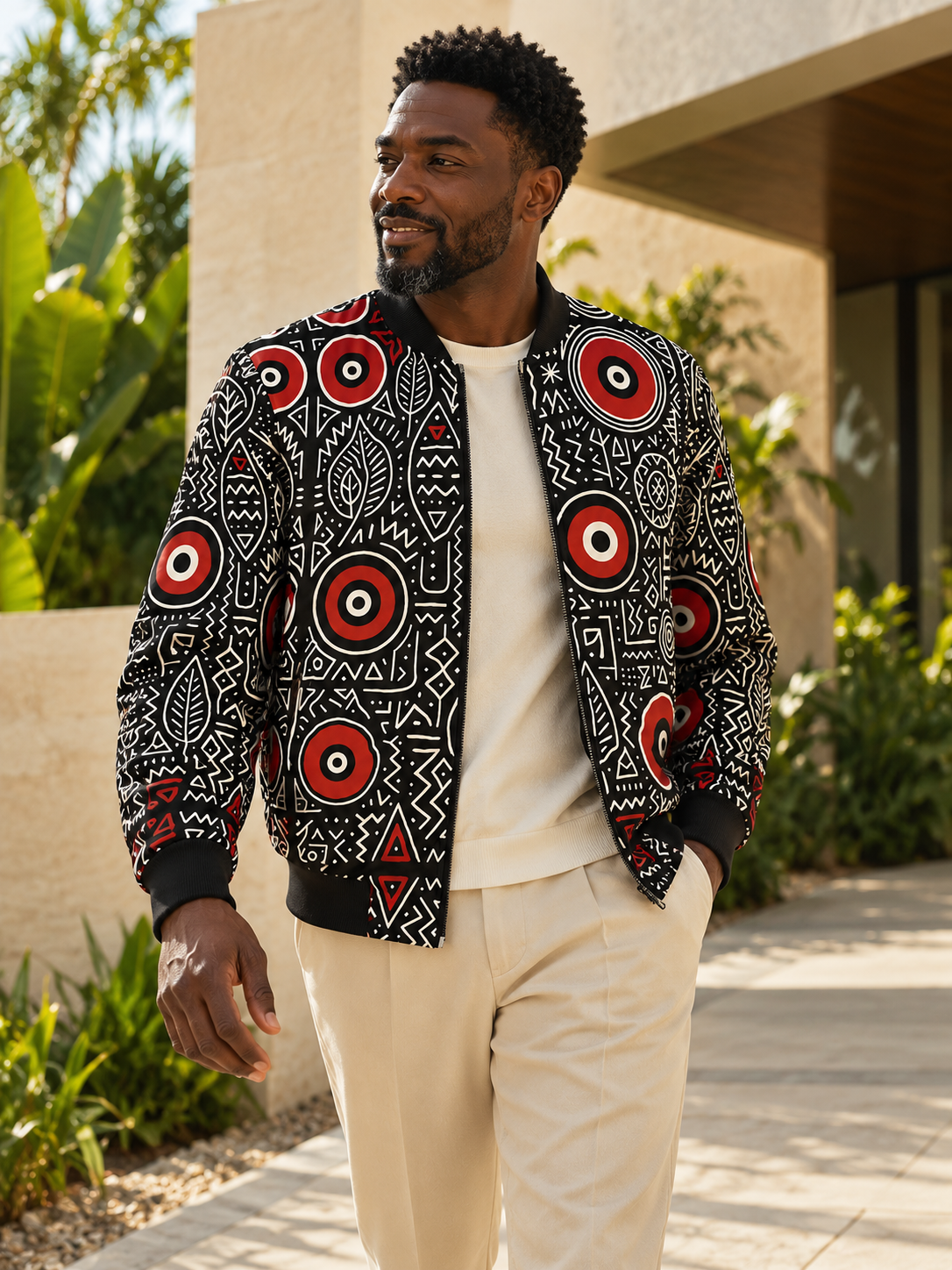 Homme élégant portant la veste bomber MUBÈNI aux motifs noirs, rouges et blancs, création Élisabeth Akaïa Kaï inspirée de l'art gabonais, dans un décor tropical contemporain.
