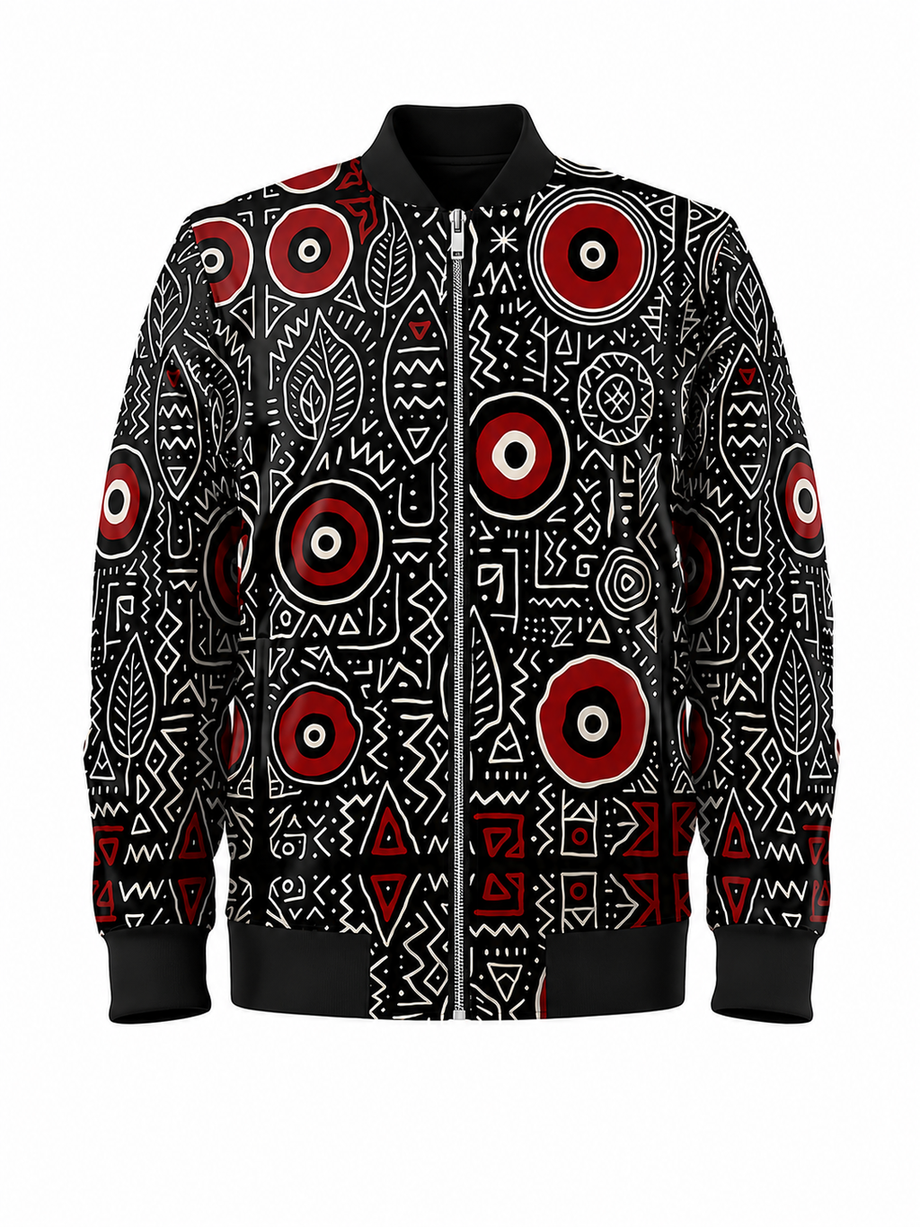 Vue de face de la veste bomber MUBÈNI noire, rouge et blanche, avec fermeture zippée, col et poignets noirs et imprimé graphique artistique, par Élisabeth Akaïa Kaï.