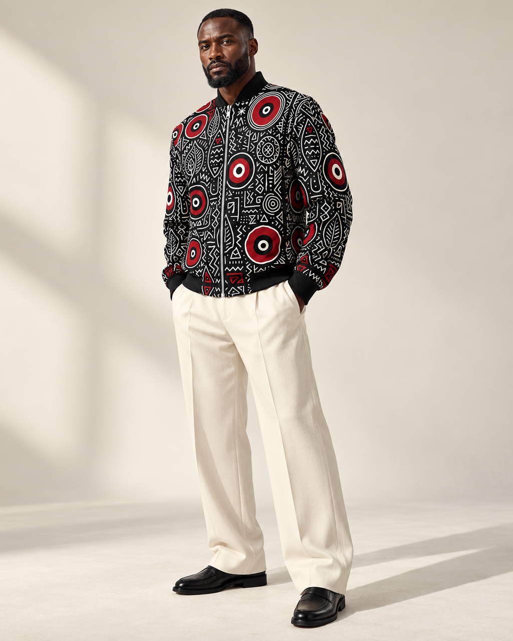 Mannequin noir portant la veste bomber MUBÈNI à motifs graphiques africains, associée à un pantalon ivoire, photographiée en studio pour la Maison Élisabeth Akaïa Kaï.