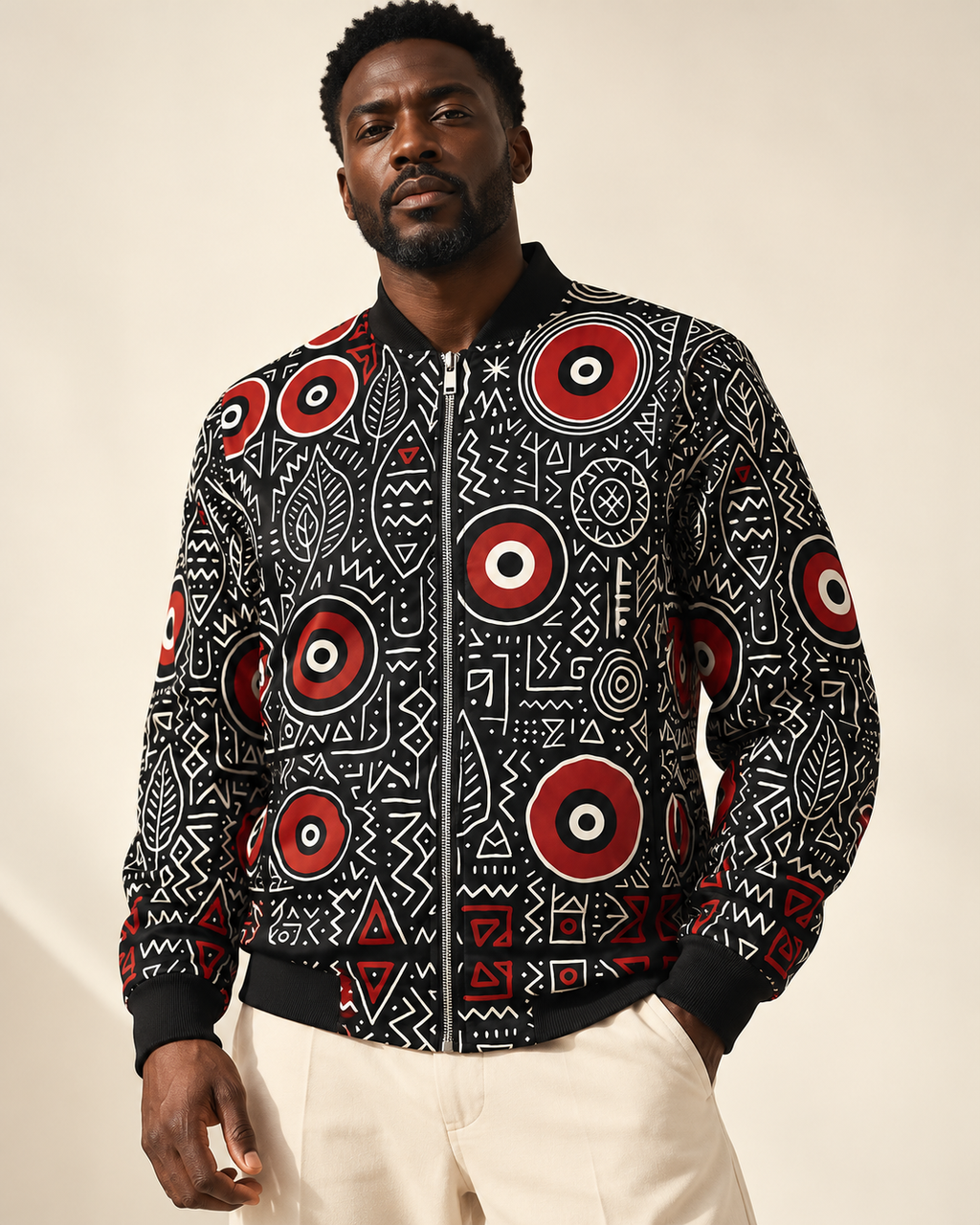 Portrait d'un mannequin noir portant la veste bomber MUBÈNI fermée, aux cercles rouges et motifs blancs sur fond noir, création de mode africaine de luxe Élisabeth Akaïa Kaï.