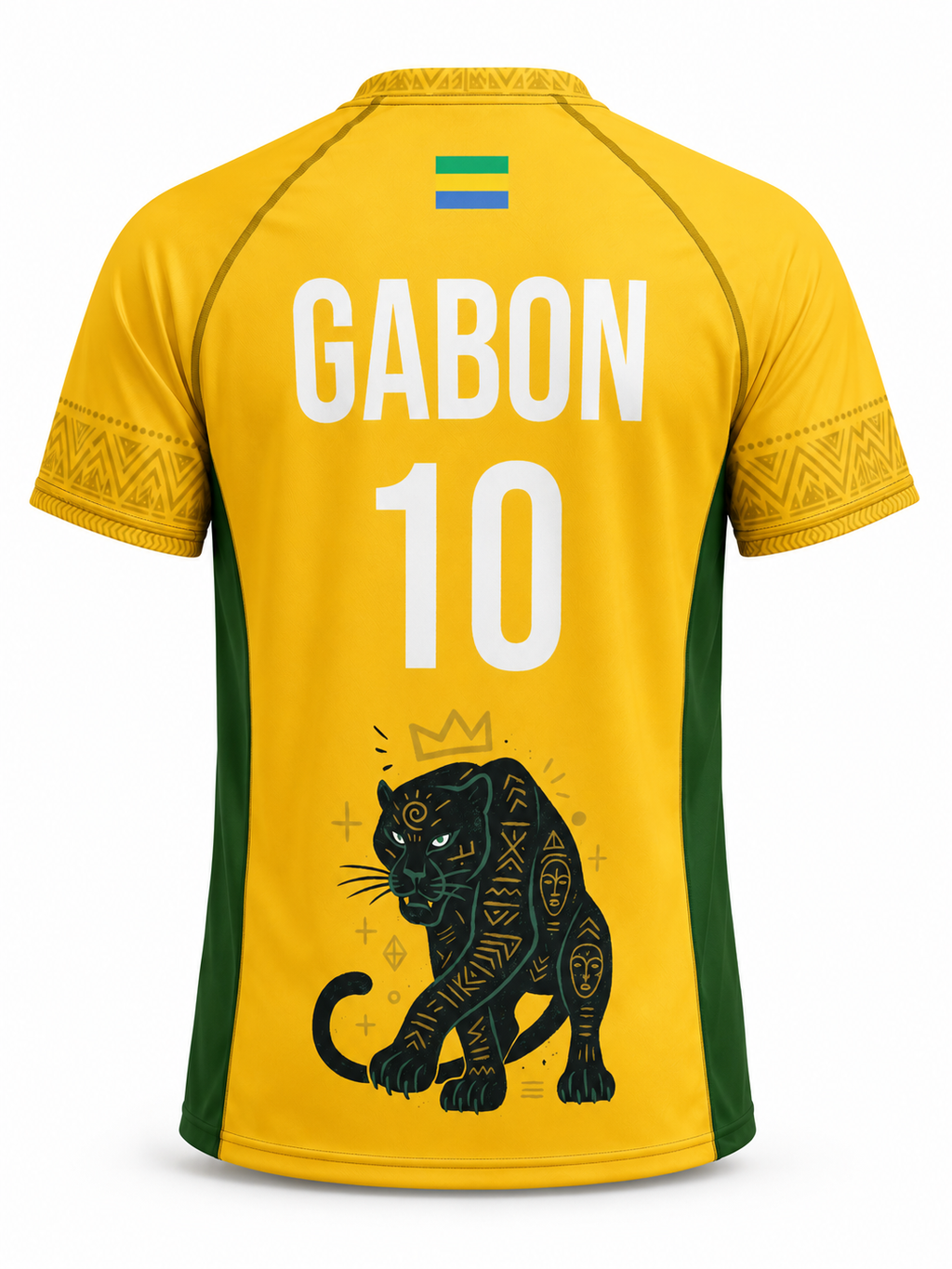 Le dos du maillot met en valeur le nom Gabon, le numéro 10 et la panthère emblématique dans une composition graphique pensée comme une véritable pièce de collection.