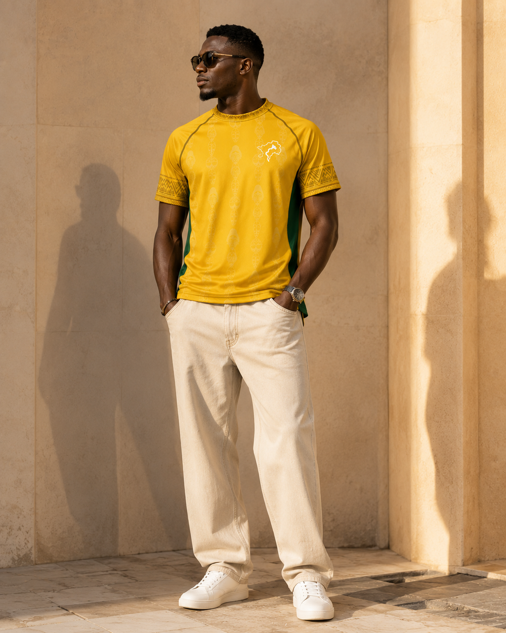 Une silhouette épurée où le maillot Gabon dialogue avec l'architecture contemporaine. Une interprétation moderne du sportswear africain pensée pour les amateurs de mode et de design.