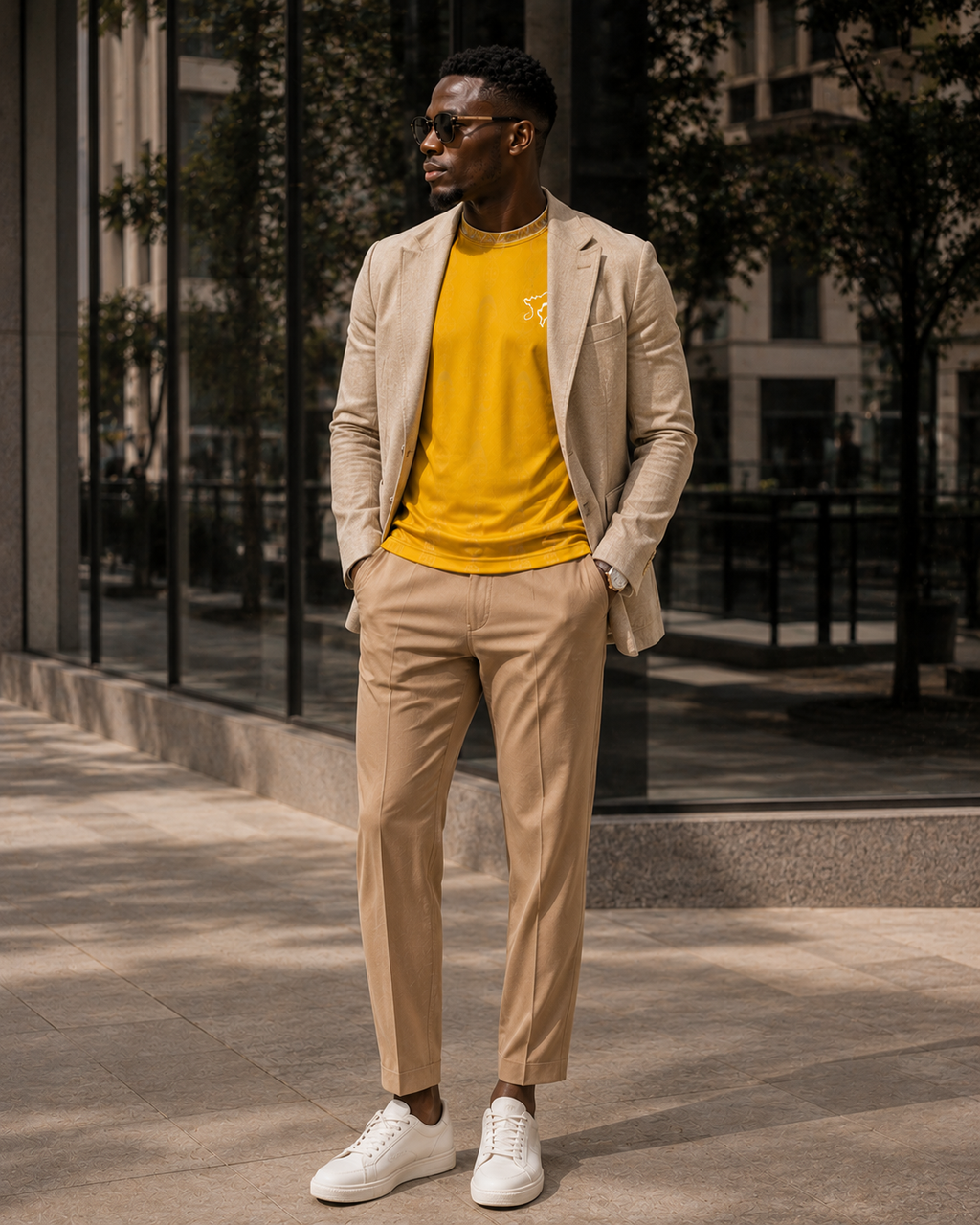 Réinterprété dans un esprit tailoring contemporain, le maillot Gabon ÉLISABETH AKAIA KAÏ s'associe à un blazer beige et un pantalon habillé pour une allure sophistiquée. Une vision du sportswear africain transformée en vestiaire de luxe masculin.