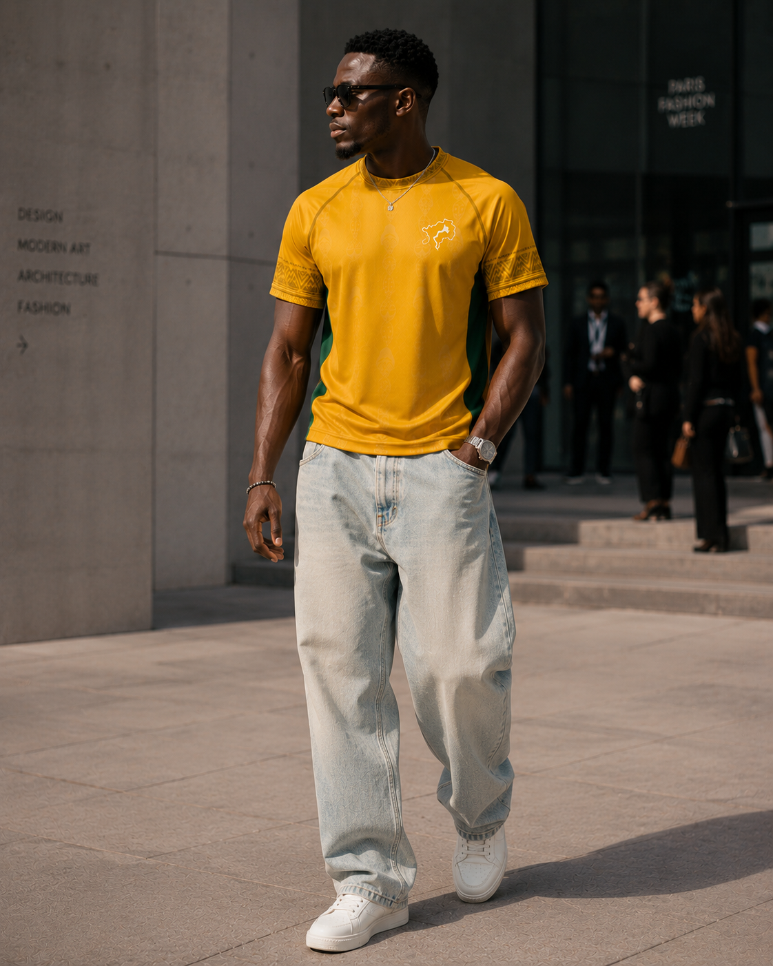 Porté avec un jean ample et des sneakers premium, le maillot Gabon explore les codes du streetwear de luxe tout en conservant l'ADN artistique et culturel d'ÉLISABETH AKAIA KAÏ.