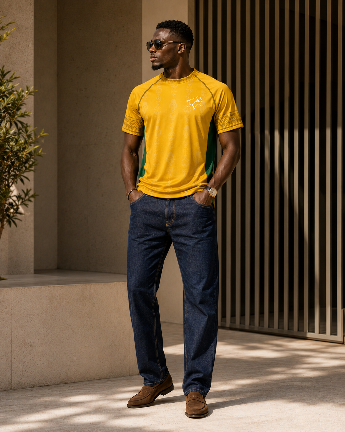 Associé à un jean indigo haut de gamme et des mocassins en cuir, le maillot Gabon devient une pièce polyvalente du quotidien, mêlant confort, identité culturelle et élégance masculine.