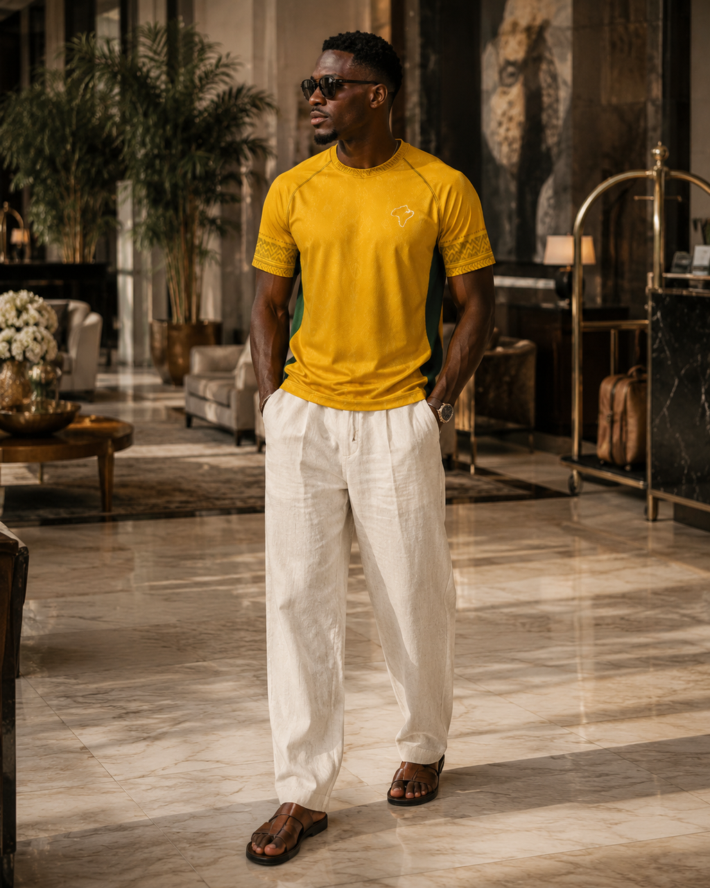 Pensé comme une pièce de voyage, le maillot Gabon s'associe à un pantalon en lin blanc dans un univers hôtelier haut de gamme. Une vision du luxe décontracté inspirée des destinations d'exception.
