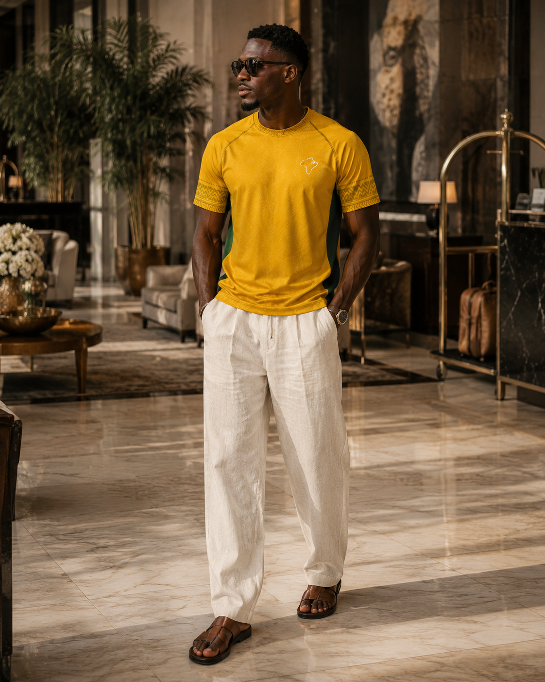 Pensé comme une pièce de voyage, le maillot Gabon s'associe à un pantalon en lin blanc dans un univers hôtelier haut de gamme. Une vision du luxe décontracté inspirée des destinations d'exception.