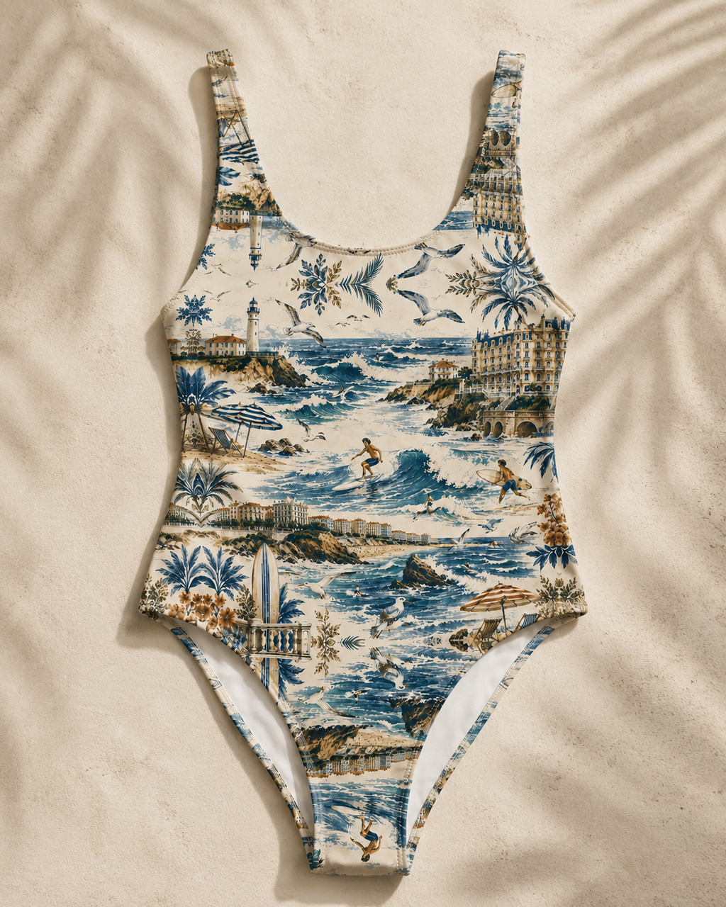 Présentation arrière du maillot de bain une pièce Biarritz Azuréa. Son dos échancré et son imprimé panoramique inspiré de Biarritz offrent une allure élégante et contemporaine.