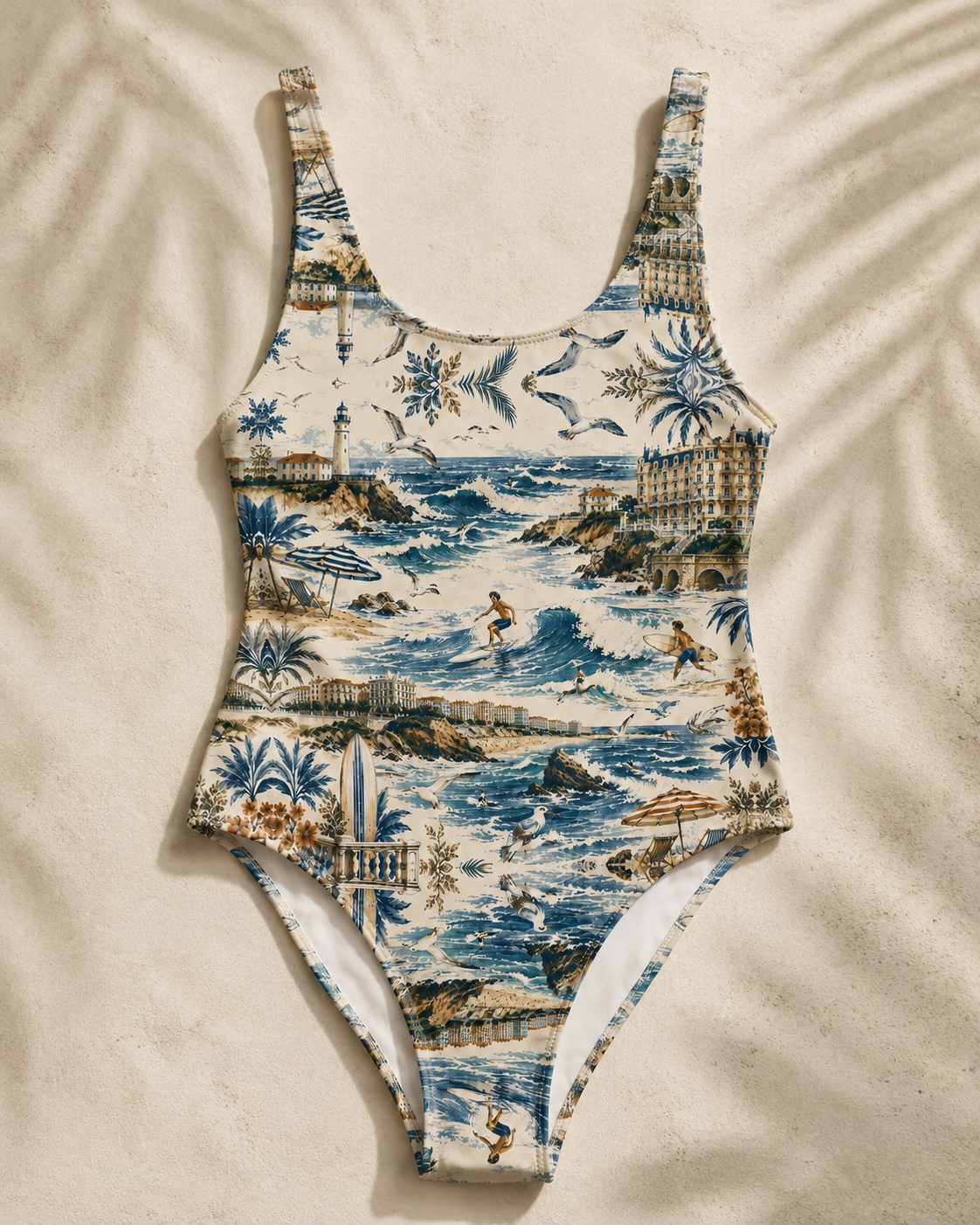 Présentation arrière du maillot de bain une pièce Biarritz Azuréa. Son dos échancré et son imprimé panoramique inspiré de Biarritz offrent une allure élégante et contemporaine.