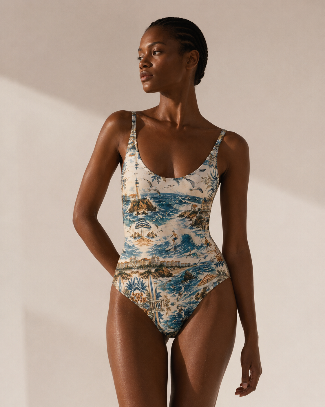 Vue détaillée du maillot de bain une pièce Biarritz Azuréa. Son encolure élégante, sa coupe sculptante et son imprimé exclusif évoquent les rivages de Biarritz et l'élégance intemporelle des maisons de luxe.