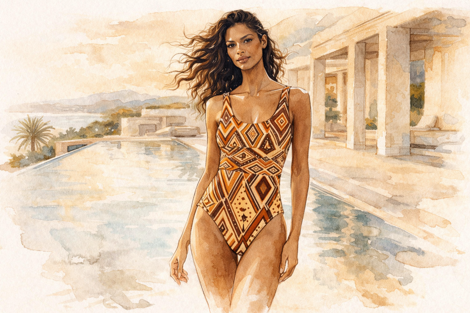 Maillot de bain une pièce femme imprimé aux motifs géométriques inspirés de l’art africain, coupe élégante et sculptante, porté au bord d’une piscine dans un décor méditerranéen lumineux.