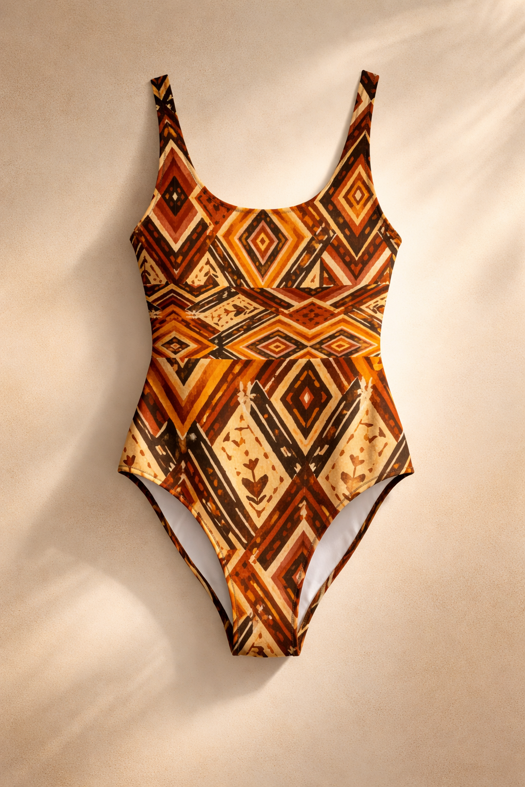 Maillot de bain une pièce femme luxe présenté seul sur fond beige, imprimé africain artistique et coupe moderne haut de gamme