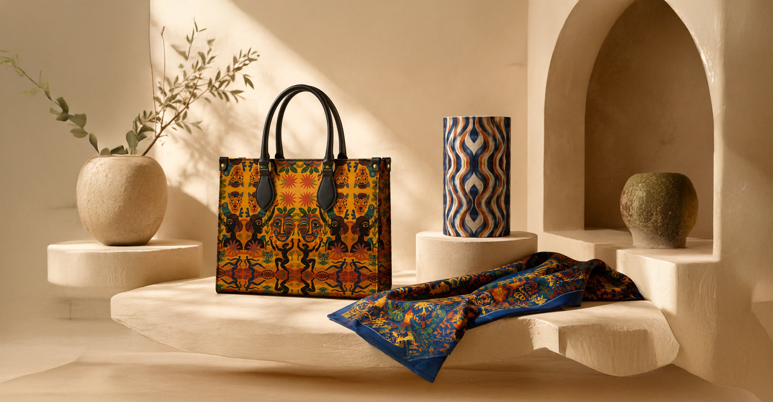 Découvrez l’univers Maison & Accessoires d’Élisabeth Akaïa Kaï : sacs d’auteur, foulards imprimés, objets décoratifs et créations afro-luxe en édition limitée, imaginés comme de véritables œuvres à vivre.