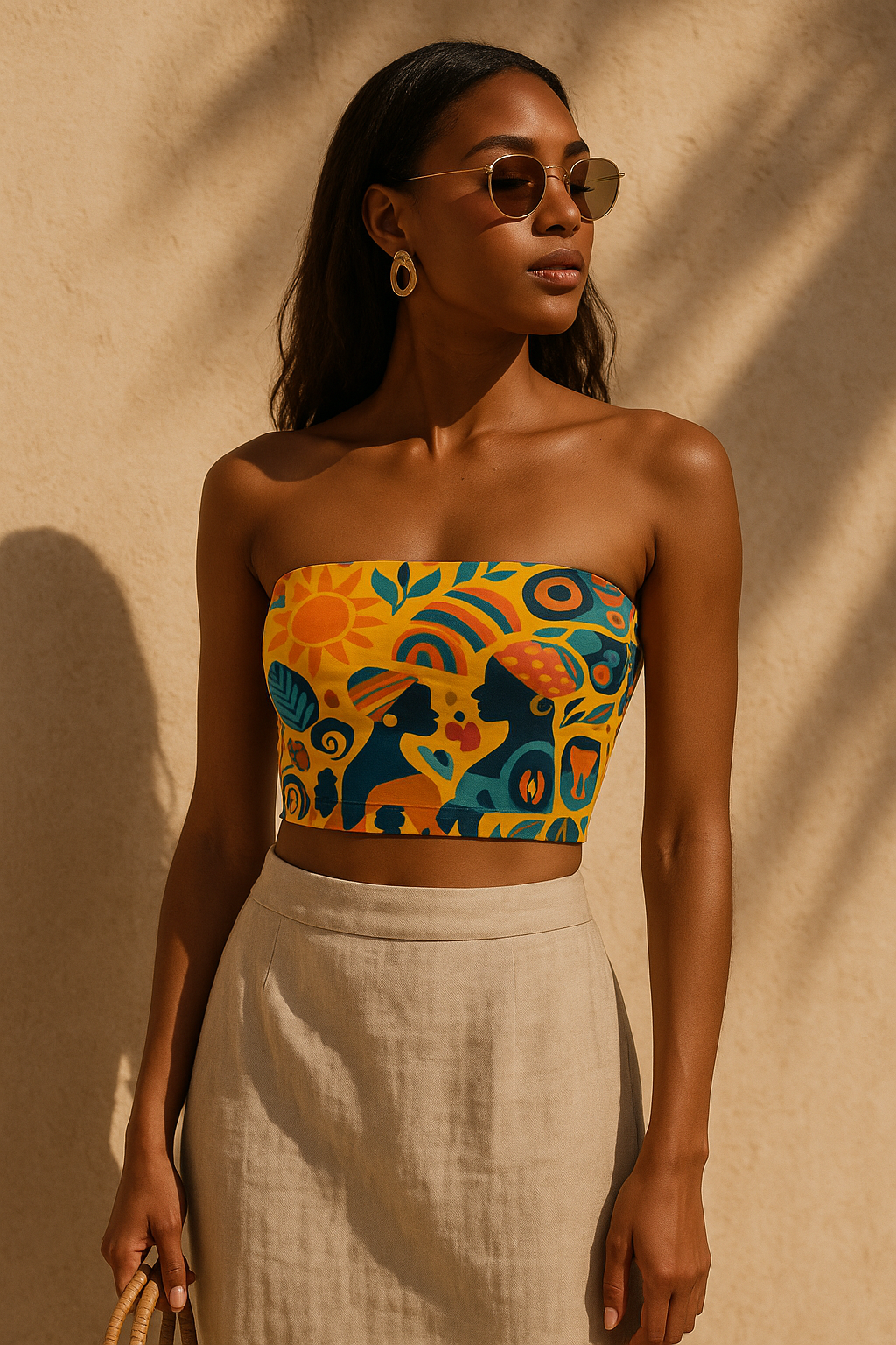Jeune femme noire portant le bandeau Zamaïa, un haut imprimé coloré inspiré des cultures africaines et solaires, associée à une jupe en lin beige, en extérieur, contre un mur sable chaud