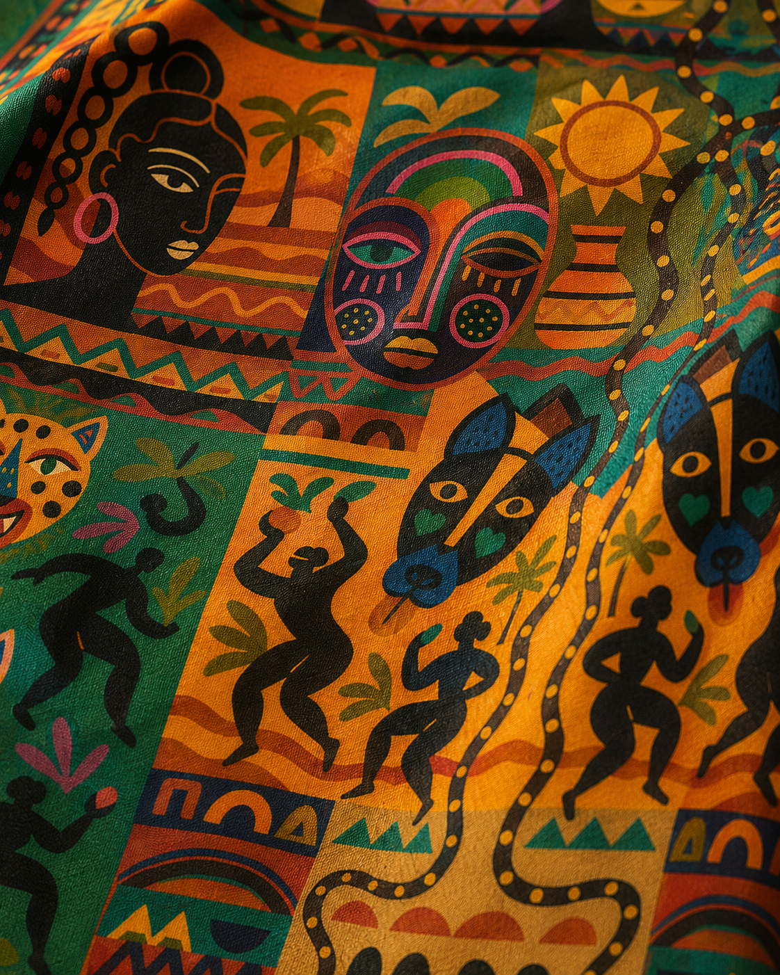 Approchez au plus près de l'univers graphique du pagne Nzinga. Cette photographie révèle la précision des masques, des personnages, des félins et des éléments décoratifs qui composent cette création artistique unique.