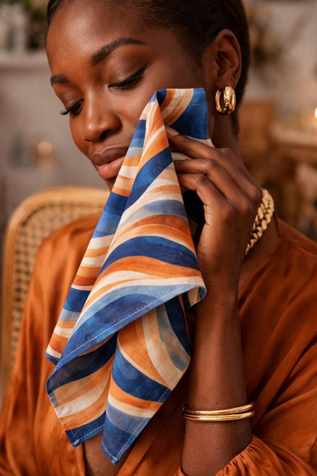 Femme élégante s’essuyant délicatement le visage avec une serviette de table Mbyela aux motifs ondulatoires bleu profond et terracotta, scène intime et raffinée évoquant un rituel contemporain de l’art de la table, esthétique luxe et inspiration afro-méditerranéenne.