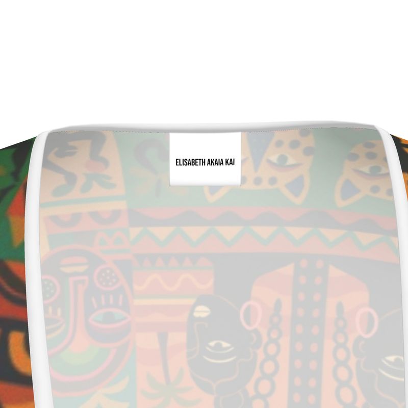 robe à volants Afro Luxe avec dessins exclusifs, mélange de vert, orange et doré, coupe flatteuse pour femme.