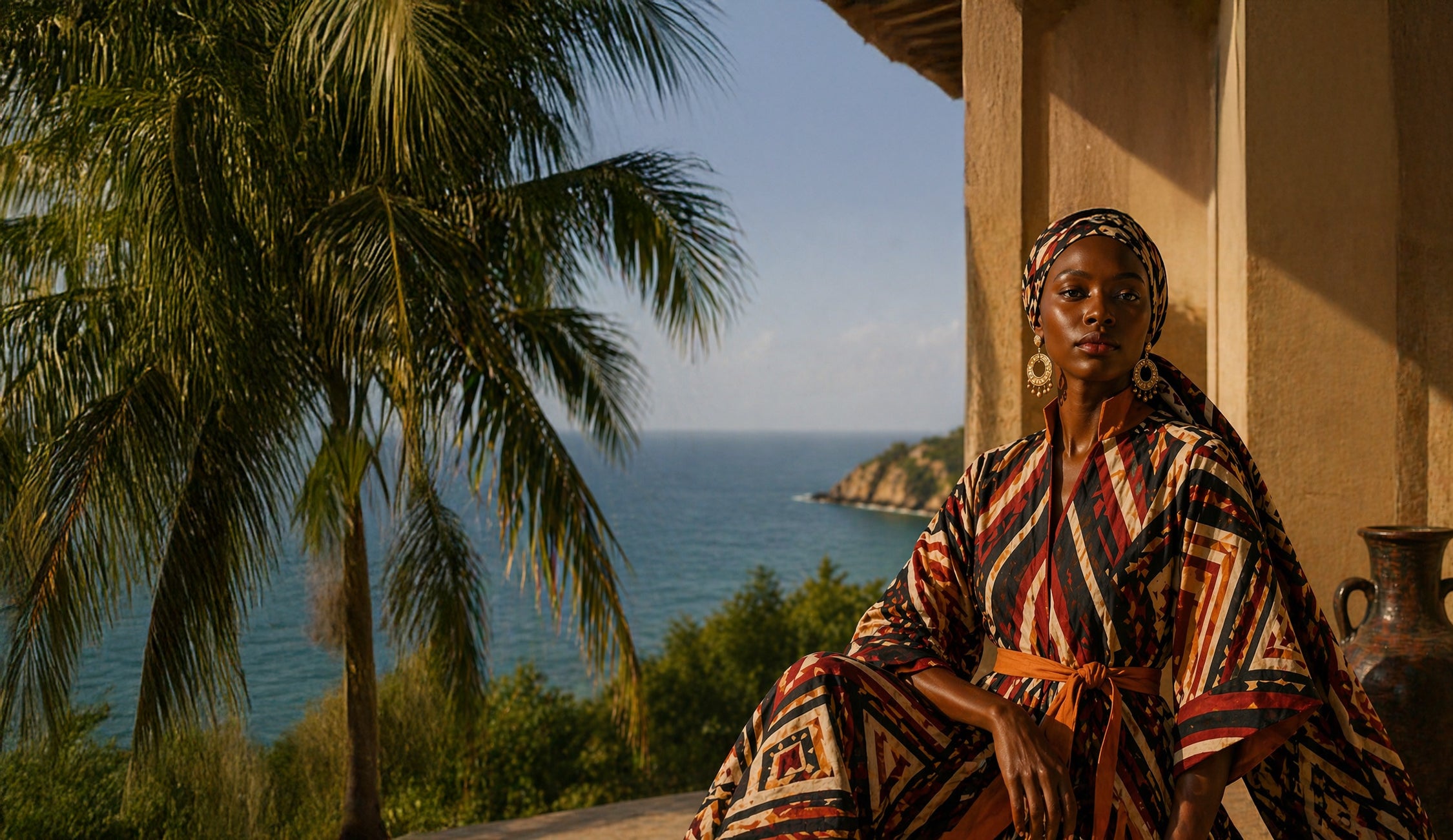 Silhouette portant le kimono Nyara d’Élisabeth Akaïa Kaï dans une villa méditerranéenne baignée de lumière dorée. Une vision du Gabon Luxe entre mode afro-luxe, artisanat d’exception et élégance contemporaine.