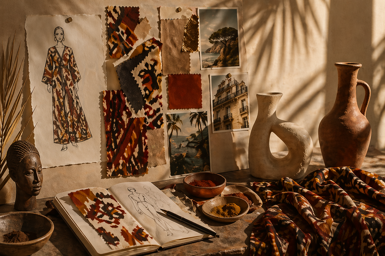 Composition éditoriale mêlant motifs Nyara, objets d’art, archives visuelles et références culturelles africaines et méditerranéennes, illustrant une approche artistique de la mode de luxe gabonaise.