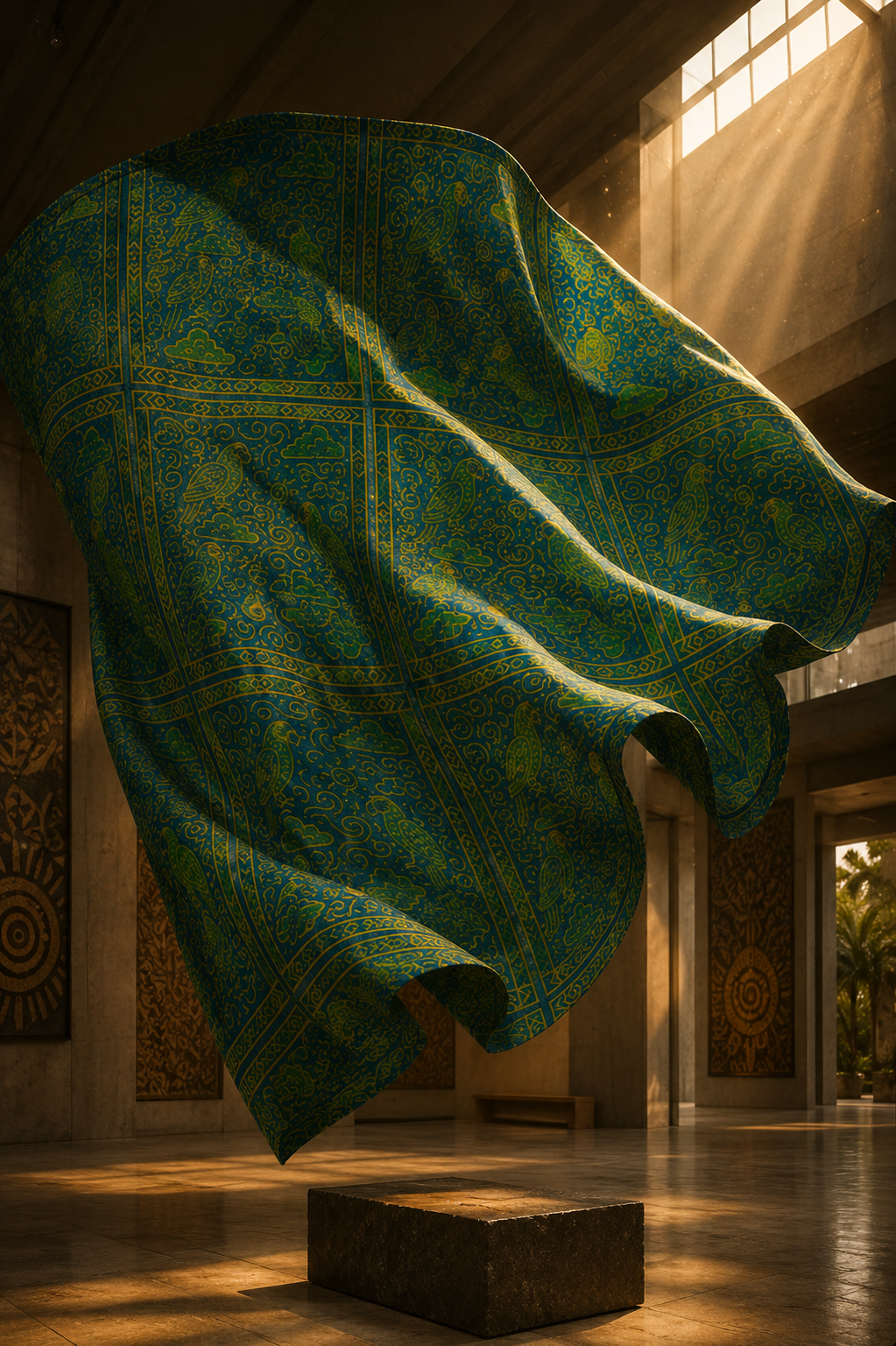 Le motif signature Okani prend vie comme une sculpture textile monumentale. Une composition où oiseaux, spirales et géométries racontent un voyage poétique.