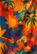 Zoom sur les illustrations exclusives du pagne Palma Aurea. Palmiers, soleil, bananes et vegetation composent une oeuvre textile inspiree des tropiques et de l'art contemporain.