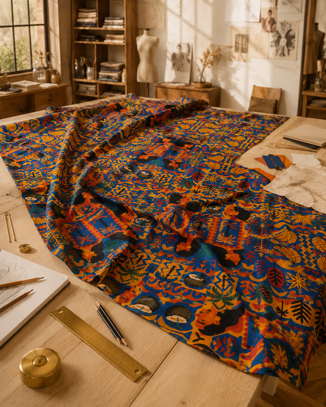 Chaque pagne Élisabeth Akaïa Kaï naît d'un processus de création où l'art rencontre le savoir-faire textile. Entièrement dessinés par la Maison, nos motifs exclusifs sont imaginés comme des œuvres visuelles, puis imprimés sur un coton de qualité afin de donner vie à des créations uniques, inspirées du patrimoine africain et de l'élégance contemporaine.
