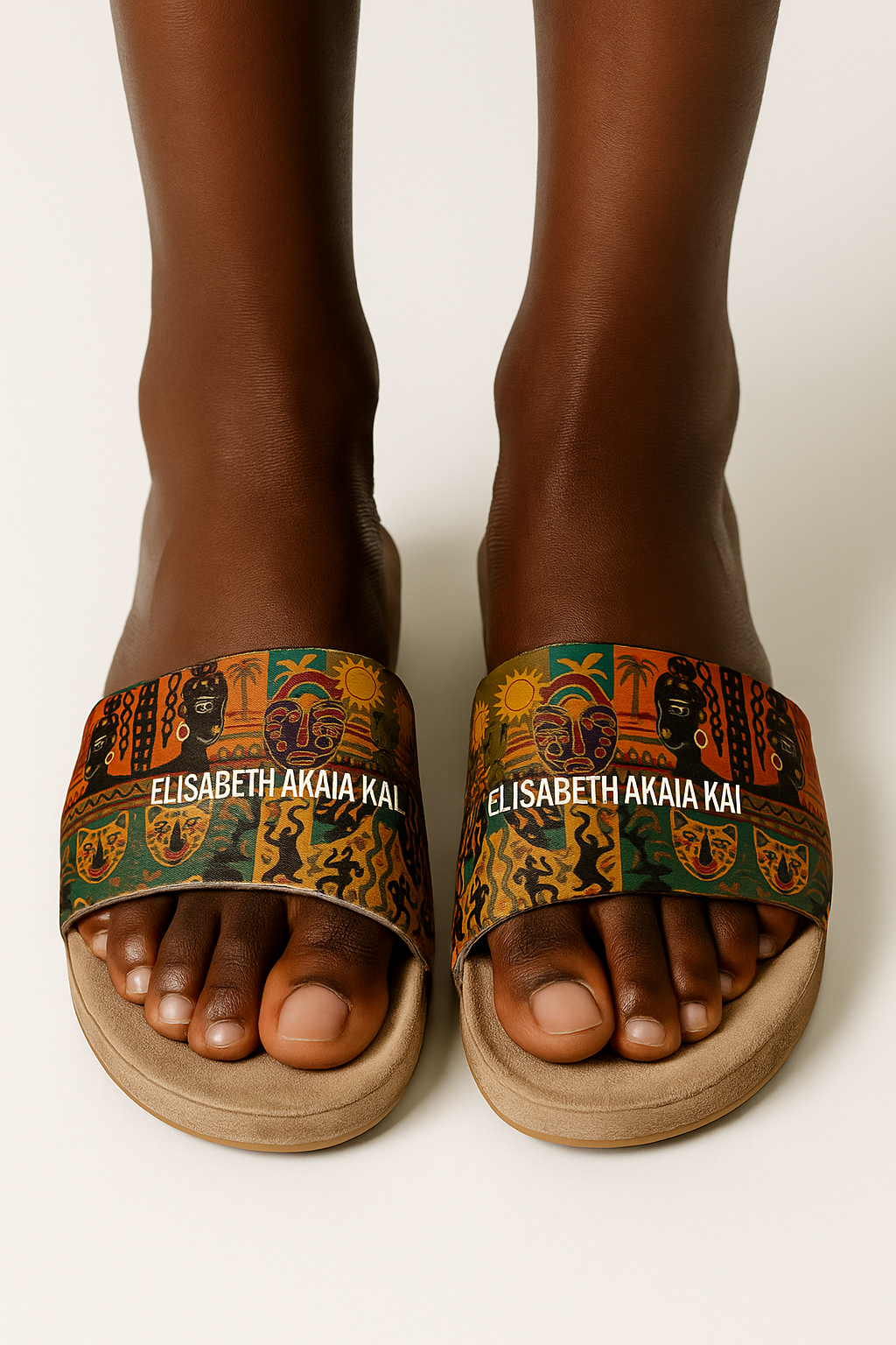 Vue de profil des Mules Nzinga, sandales afro luxe avec semelle épaisse et lanière imprimée aux motifs artistiques africains.