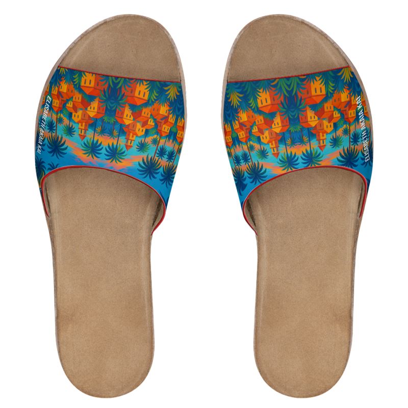 Mules d’été pour femme avec imprimé coloré inspiré de la Riviera, en cuir italien – modèle "Tropical Chic" signé Elisabeth Akaïa Kaï