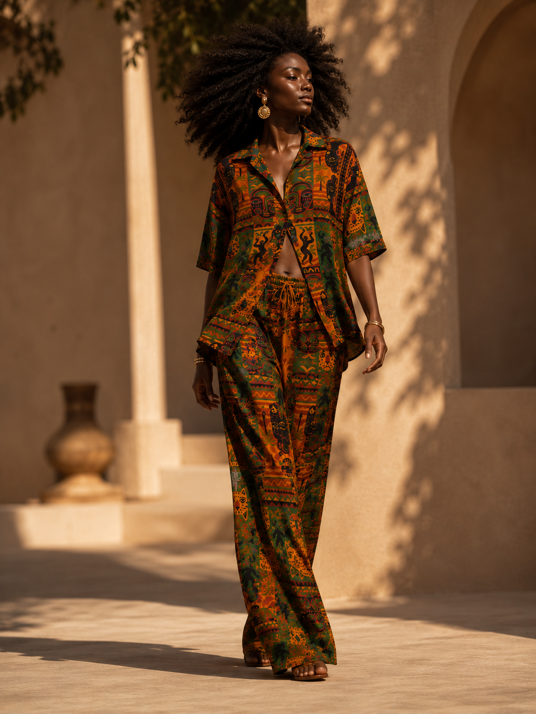Pensé pour accompagner le corps avec fluidité, Nzinga transforme chaque déplacement en langage visuel. Une élégance instinctive entre art textile et mouvement naturel.